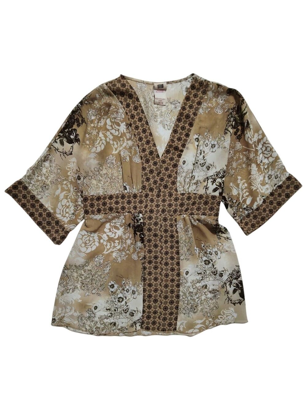 Vtg Babydoll Kimono Top L Large Brown Patchwork Sheer Blouse Fairy Grunge Whimsy